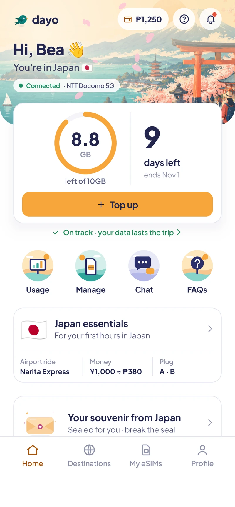 Connected in Japan, 8.8GB left with 9 days to go