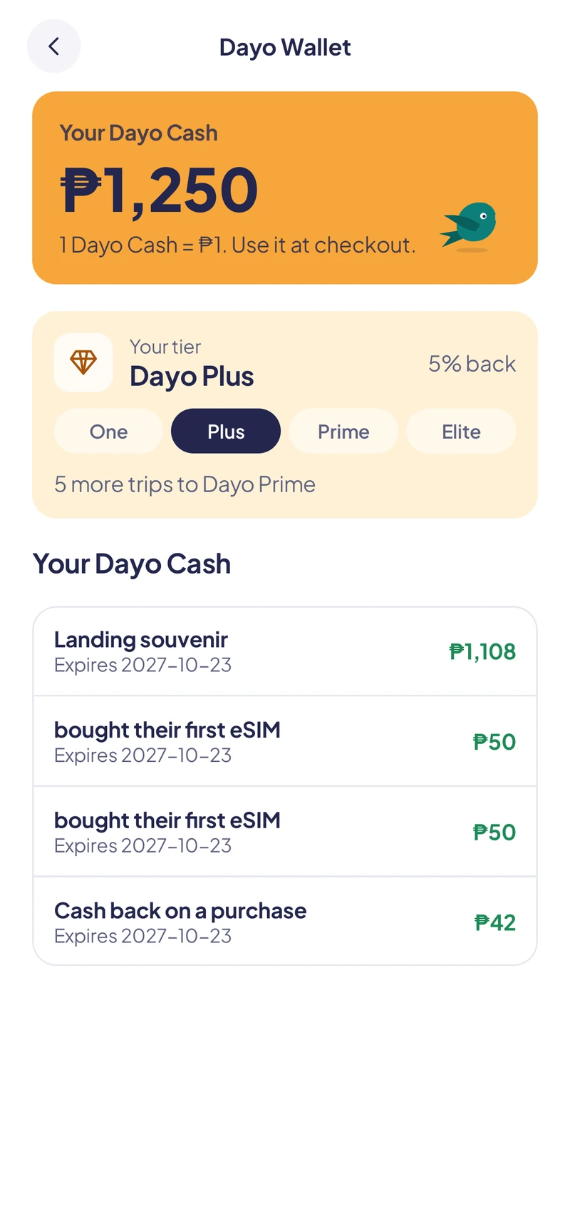 Dayo Wallet: your Dayo Cash balance, your tier and ways to earn