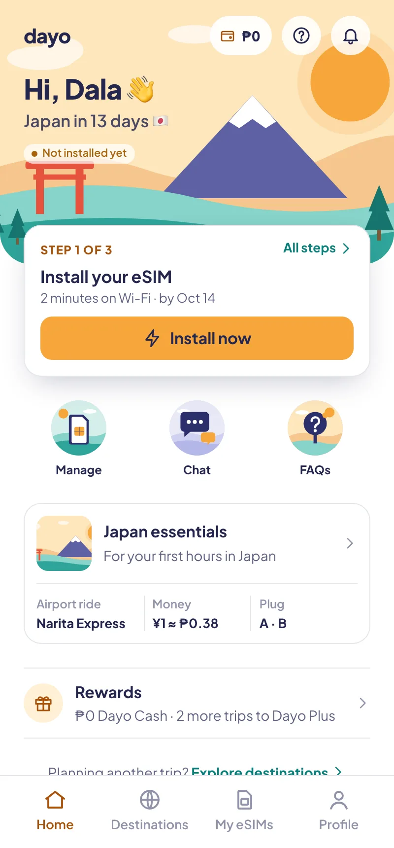 Dayo app home screen: Japan in 13 days, with an Install now button