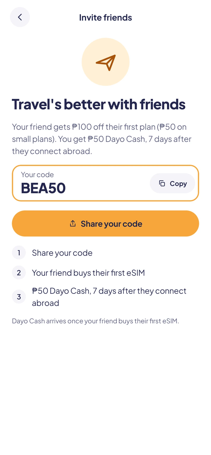 The Invite friends screen in the Dayo app, with your code, a Copy button and Share your code