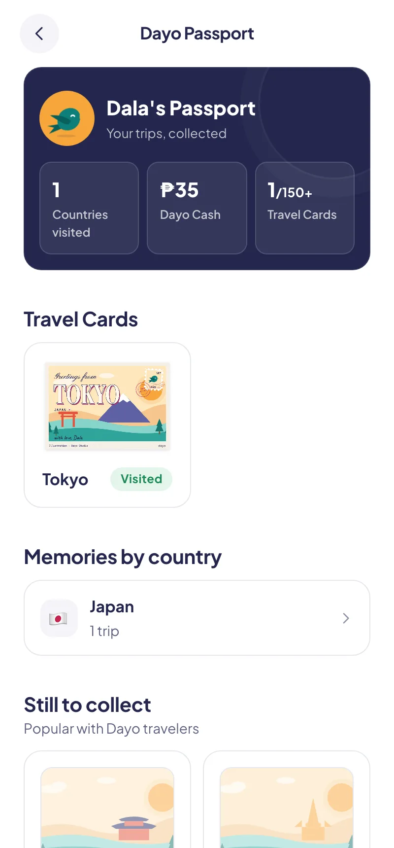 Dayo Passport with countries visited and Dayo Cash